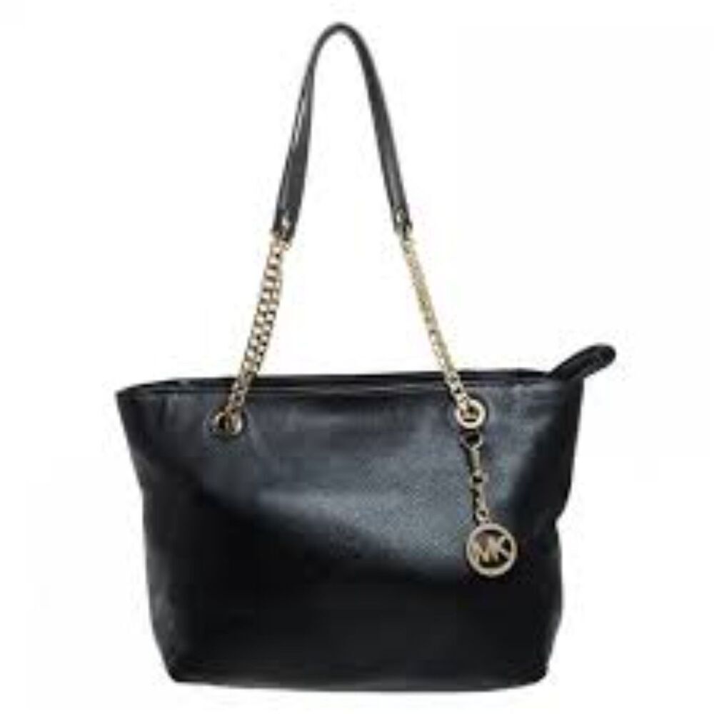 Michael Kors Women's Jet Set Black Leather Bottom Studs Shoulder Strap Tote Bag